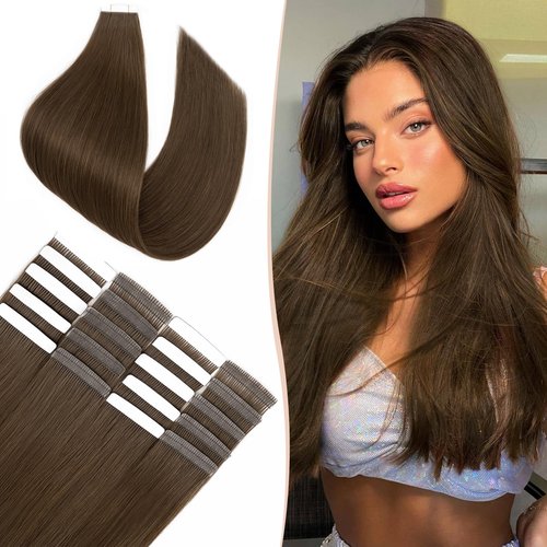 Benehair Tape in Hair Extensions Human Hair, Dark Brown Remy Hair Extensions Straight Human Hair Tape in Extensions Invisible 10pcs 25g 18 inch