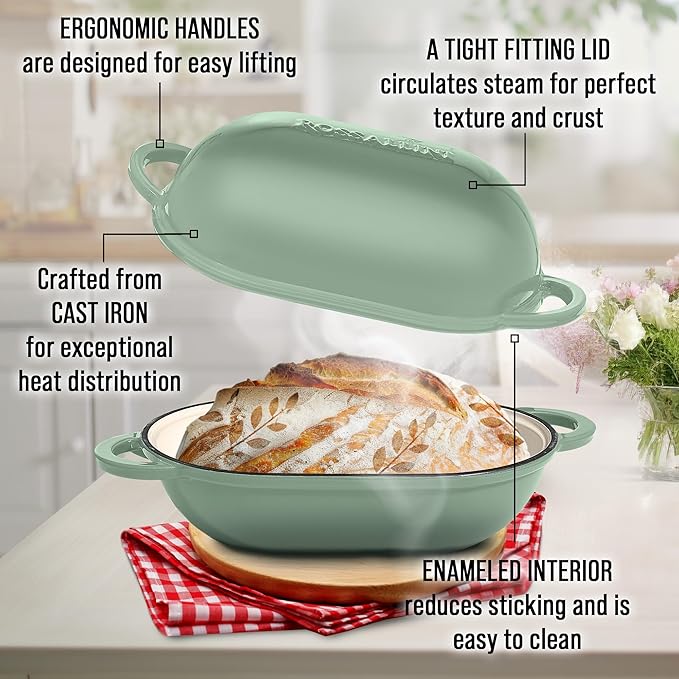 Signature Enameled Cast Iron Sourdough Bread Oven | Non-Stick with Tight Fitting Lid for Perfect Baking and Bread Making | 2QT Oval Oven With Lid [Sage Green]