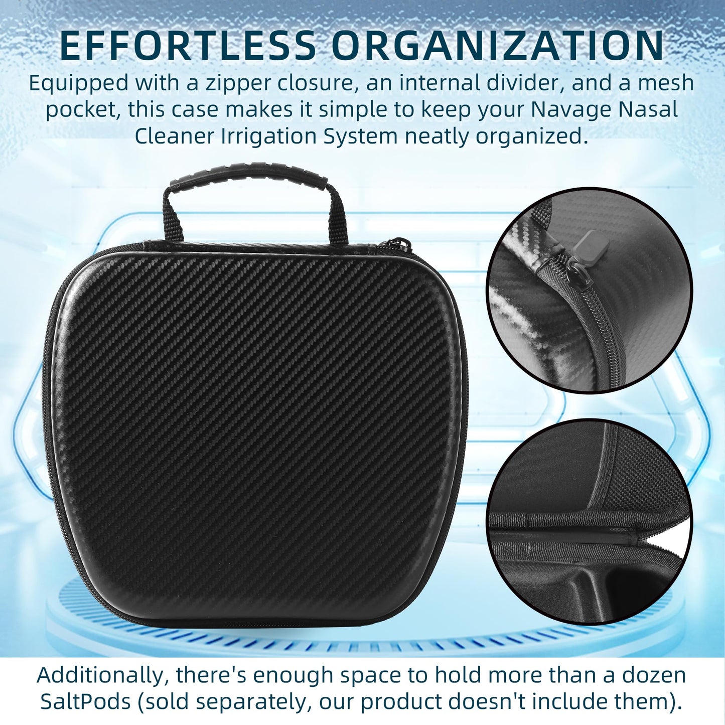 Calvana Travel Case Compatible with the Navage Nasal Irrigation System, Scratch-Resistant Organizer for Nose Cleaner & 12 SaltPods, Black, 9" x 7.75" x 4.25" (Nose Cleaner & SaltPods Not Included)