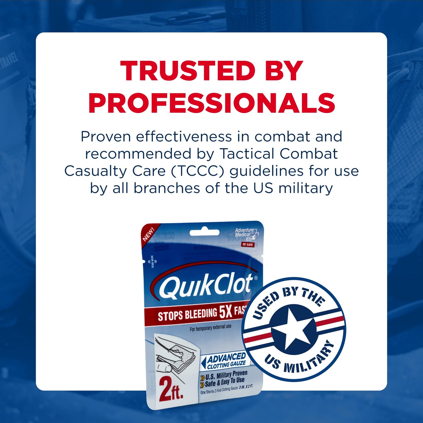 Adventure Medical Kits QuikClot Advanced Clotting Gauze - Stops Bleeding Up to 5X Faster Than Standard Gauze - Kaolin Hemostatic Dressing - for First Aid Kits & Survival Gear - 3 x 24