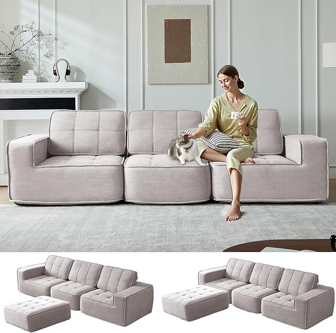 108" Boneless sectional Couch for Living Room,Convertible L-Shape Fleece Couches with Ottoman, Cloud Modular Sofa with Deep Seat for Bedroom, No Assembly,Beige