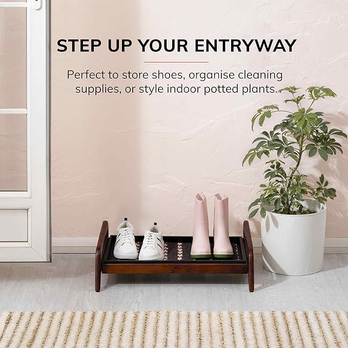 Anji Mountain Heavy Duty Waterproof Wooden Shoe Storage Mat Organizer/Boot Storage Tray Multi Use for Entryway with Coir, Gray and Ivory Insert, 1 Tier, Fits 2 Pair (26.5" Wide)
