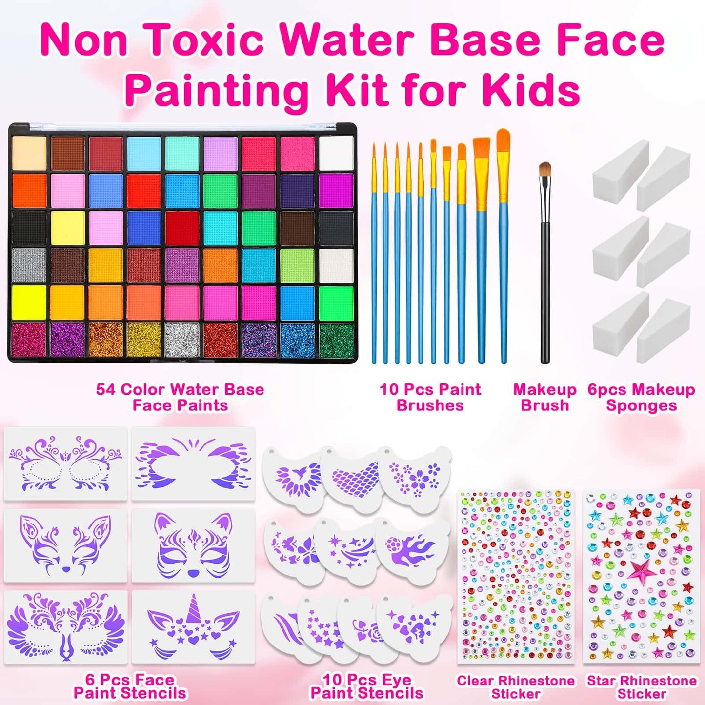 Professional Face Painting Kit for Kids and Adults - 54 Color Water Activated Cosplay Makeup Kit, Non-Toxic Body Paint with Sten