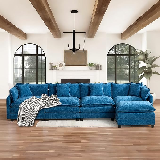 SoarFlash 149.61" Chenille Sectional Sofa, Comfy L Shaped Modular Coush Sofa with Ottoman, Modern 4 Seat Couch Deep Seat Sofa Set for Living Room,Blue