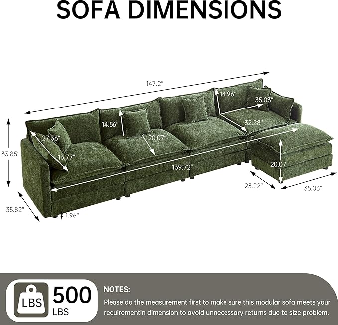 saows Modular Sectional Sofa, 147.2 Inch L Shaped Couch Set with Armrests, 4-Seater Comfy Cloud Couches with Movable Ottoman for Living Room Apartment, Green