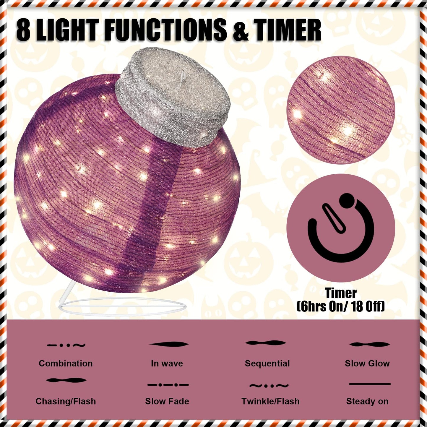 BRIGHTDECK Outdoor Halloween Ornaments, Lighted Pop-Up Outdoor Holiday Ball Decoration with 80 LED Lights, 8 Light Modes, Lighted Collapsible Holiday Decorations for Yard, Home (Purple)