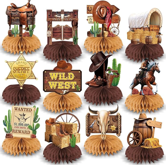 Cowboy Decorations Honeycomb Centepieces, 12Pcs Western Centerpieces for Tables,Wild West Cowboy Centerpieces for Tables, ...