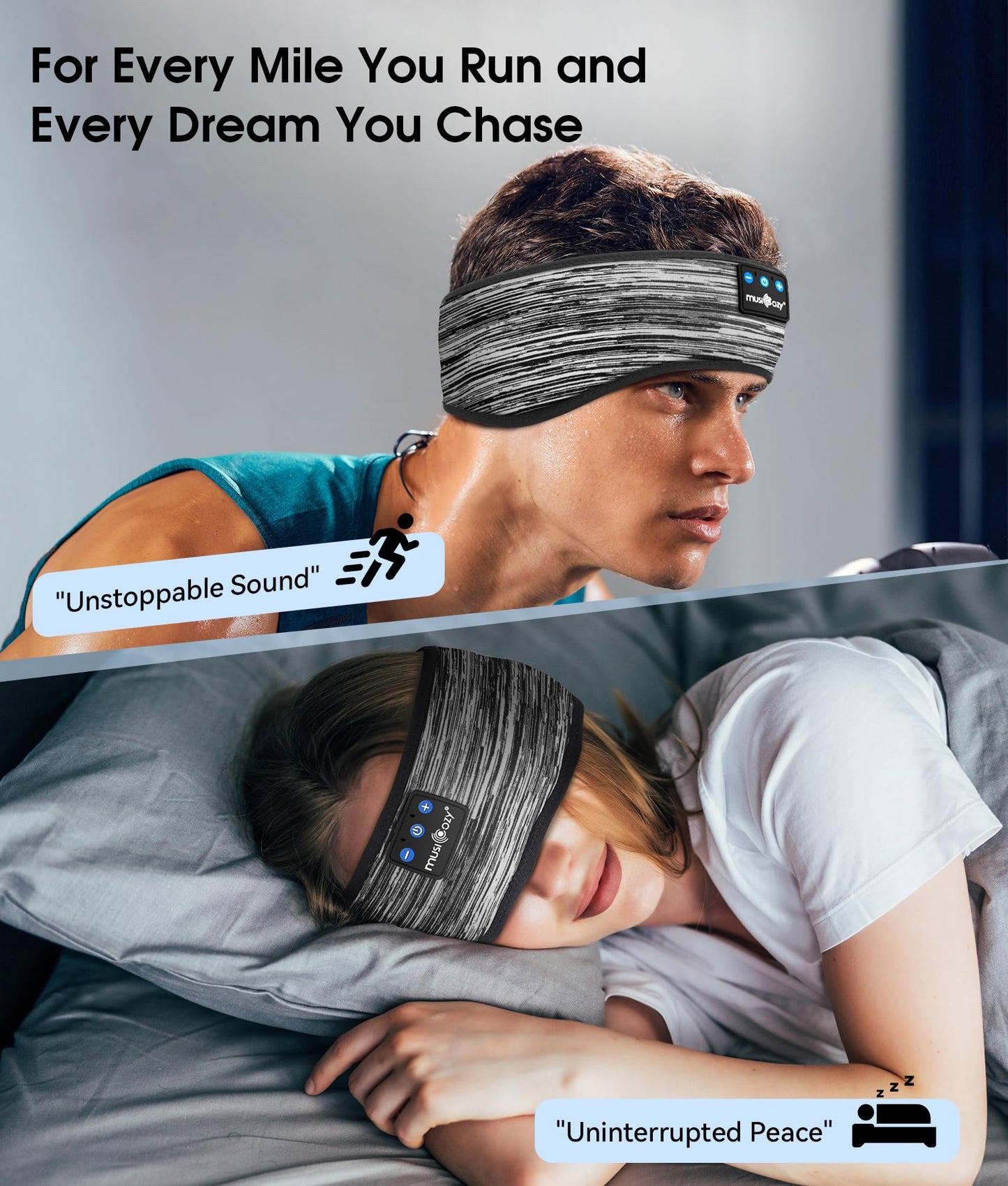 MUSICOZY Sleep Headphones Bluetooth 5.4 Headband, Wireless Earphones Music Sleep Earbuds Sleeping Eye Mask with HD Stereo Speakers for Workout Running Travel Yoga, Ideal Gifts (Stripped Gray)