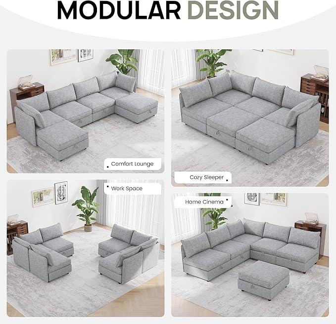 Oversized Modular 6 Seater Sofa with Removable Covers and Storage, Convertible U, L-Shaped and Sleeper Sectional, Modern Sectional Couch with Ottoman Chaise for Living Room, Bedroom, Apartment, Gray