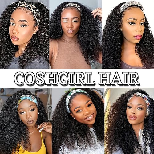 Coshgirl Headband Wig Human Hair Kinky Curly Human Hair Headband Wigs 22Inch Glueless None Lace Front Wig Curly Headband Wig Human Hair Brazilian Virgin Wigs for Black Women 150% Density