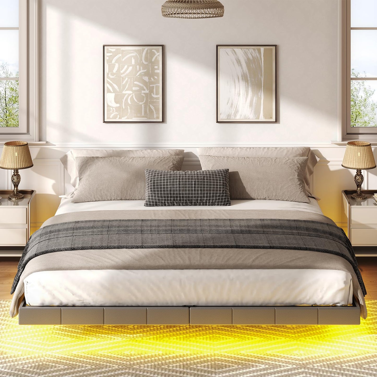 HOOBRO King Size Floating Bed Frame with LED Lights and Charging Station, Upholstered Platform Bed Frame King Size, Modern Metal Floating Bed Frame King, No Box Springs Needed, Grey