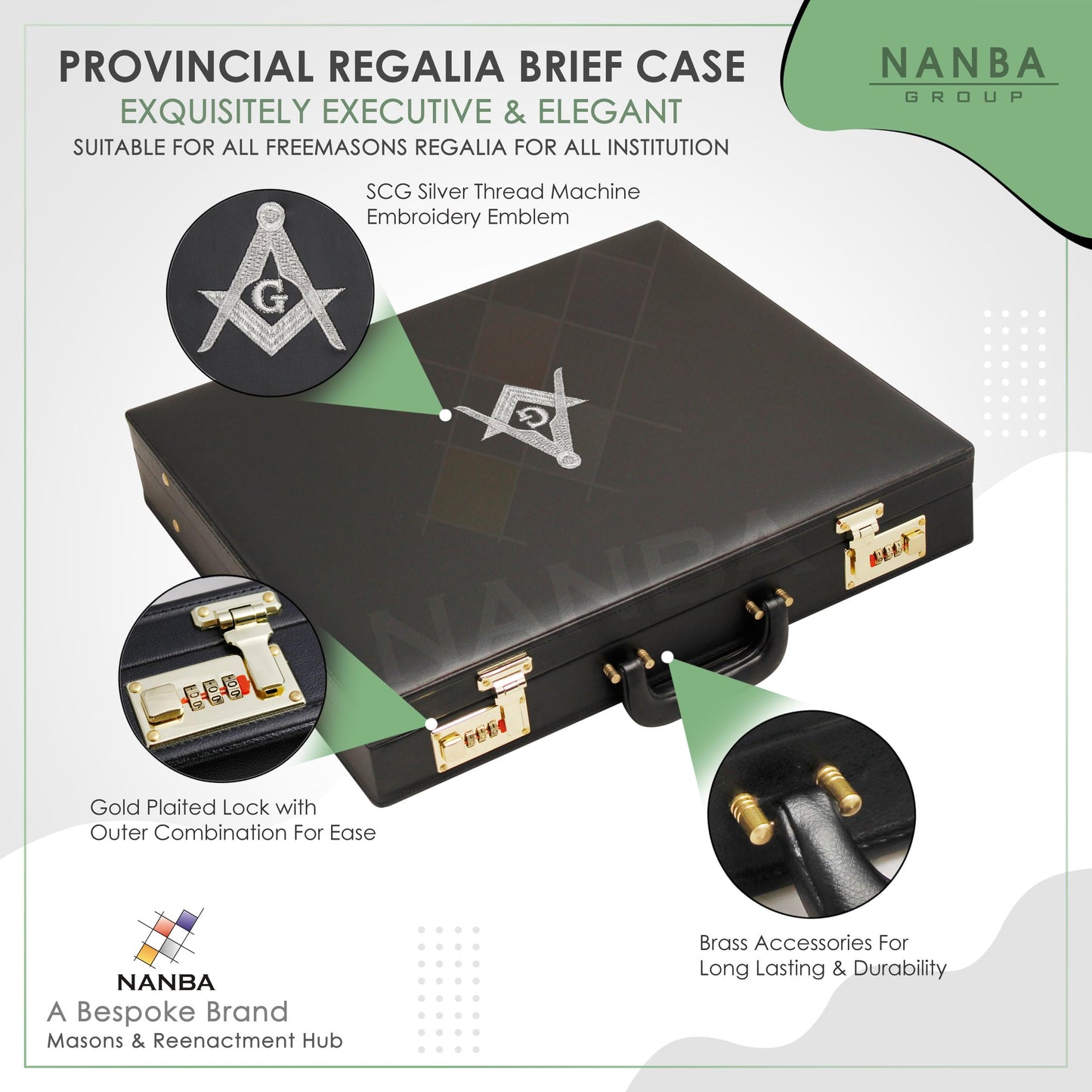 Premium Masonic Regalia Provincial Apron Hard Briefcase Myler Machine Embroidery– Black Imitation Leather Hard Case with Square Compass G Emblem (Silver) | Freemason Bags & Storage Case