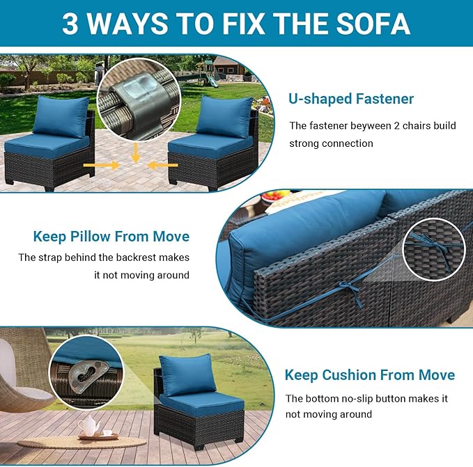 Jing's Villa 2 Piece Outdoor Wicker Armless Sofa, Patio Rattan Sectional Sofa Set with Thick Seat Cushions and 2 Back Cushions for Garden Patio, Backyard, Poolside Peacock Blue