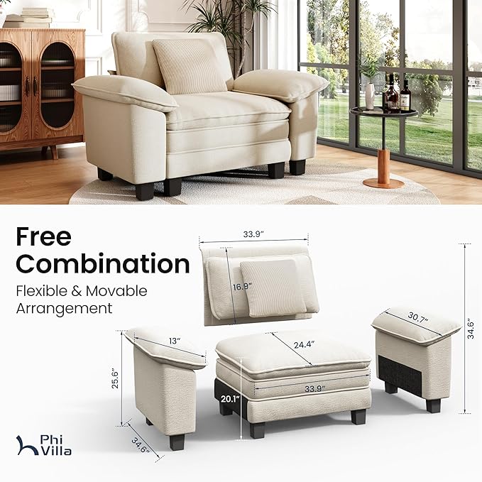 PHI VILLA Oversized Single Sofa Chair with Deep Seat, Cloud Upholstered Reading Armchair, 1 Seater Comfy Sofa Chair for Bedroom Nook, Chenille, Beige