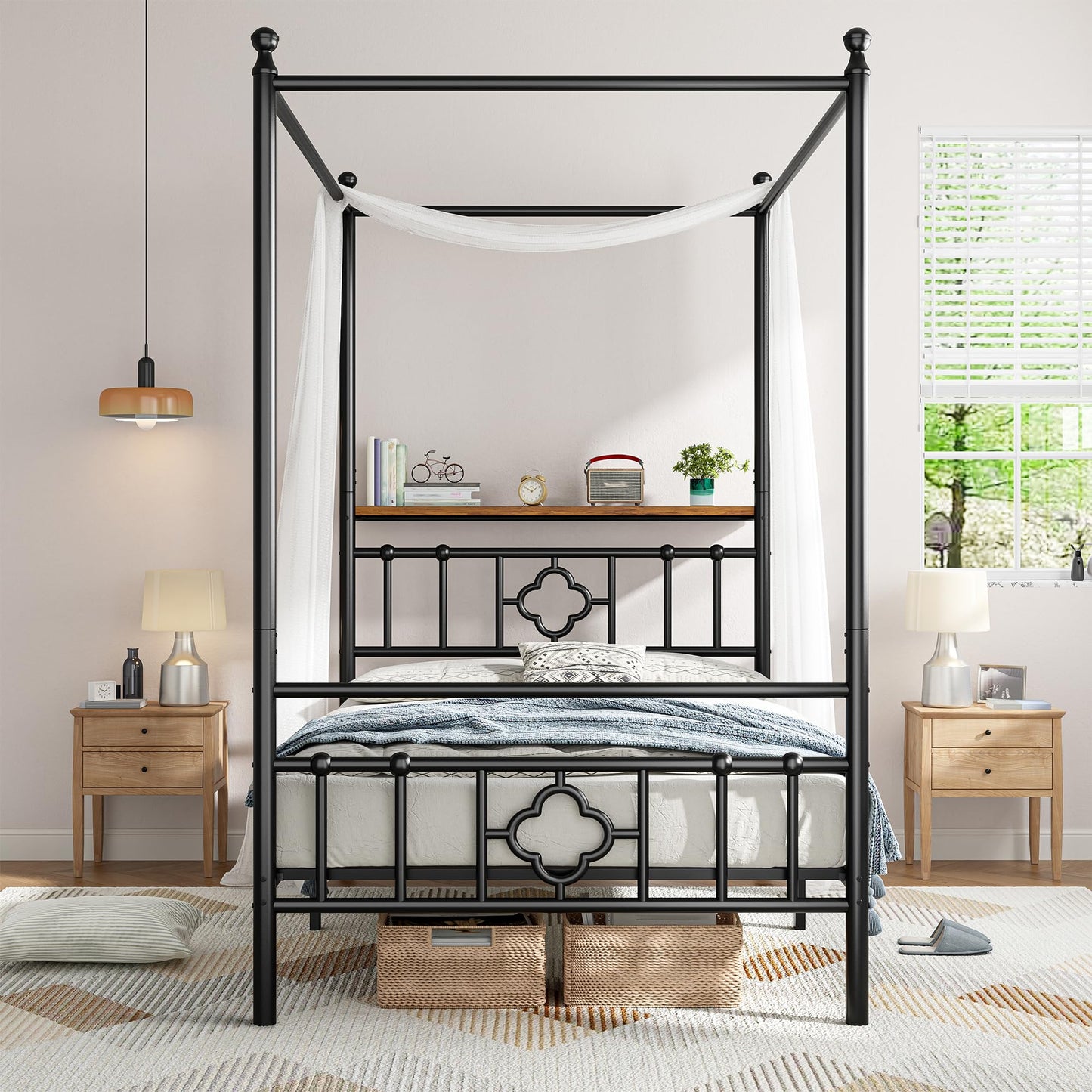 Homkdom Canopy Bed Frame with Storage Headboard, Twin Size Bed Frame with 4 Removable Posts, Sturdy Metal Platform with Under-Bed Storage, Dual Purpose Bed Frame, No Box Spring Needed, Black