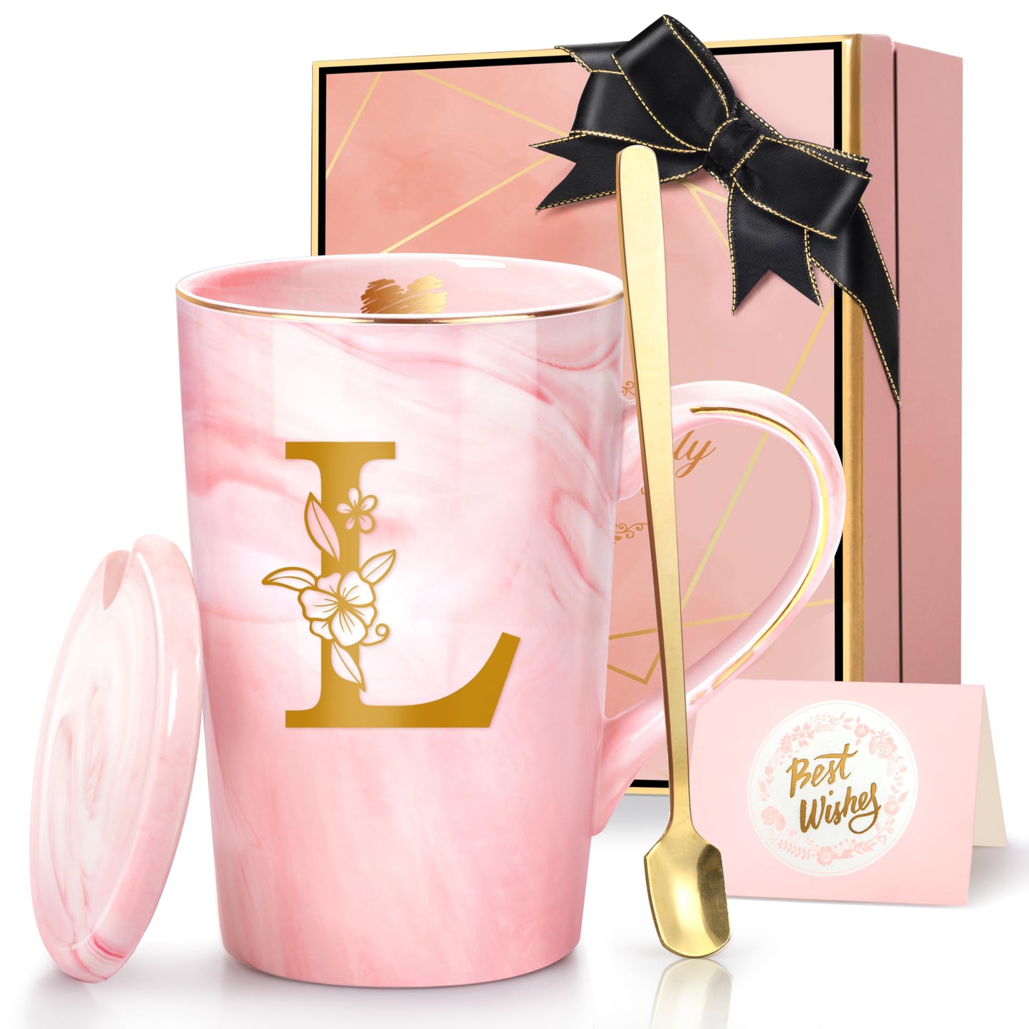 Coffee Mugs - Personalized Gifts for Women, Initial Customized Gift Ceramic Marble Cups 14 Oz Pink, Luxury Birthday Christmas Mother's Day Gift for Her Mom Grandma Girlfriend Friend Unique,L