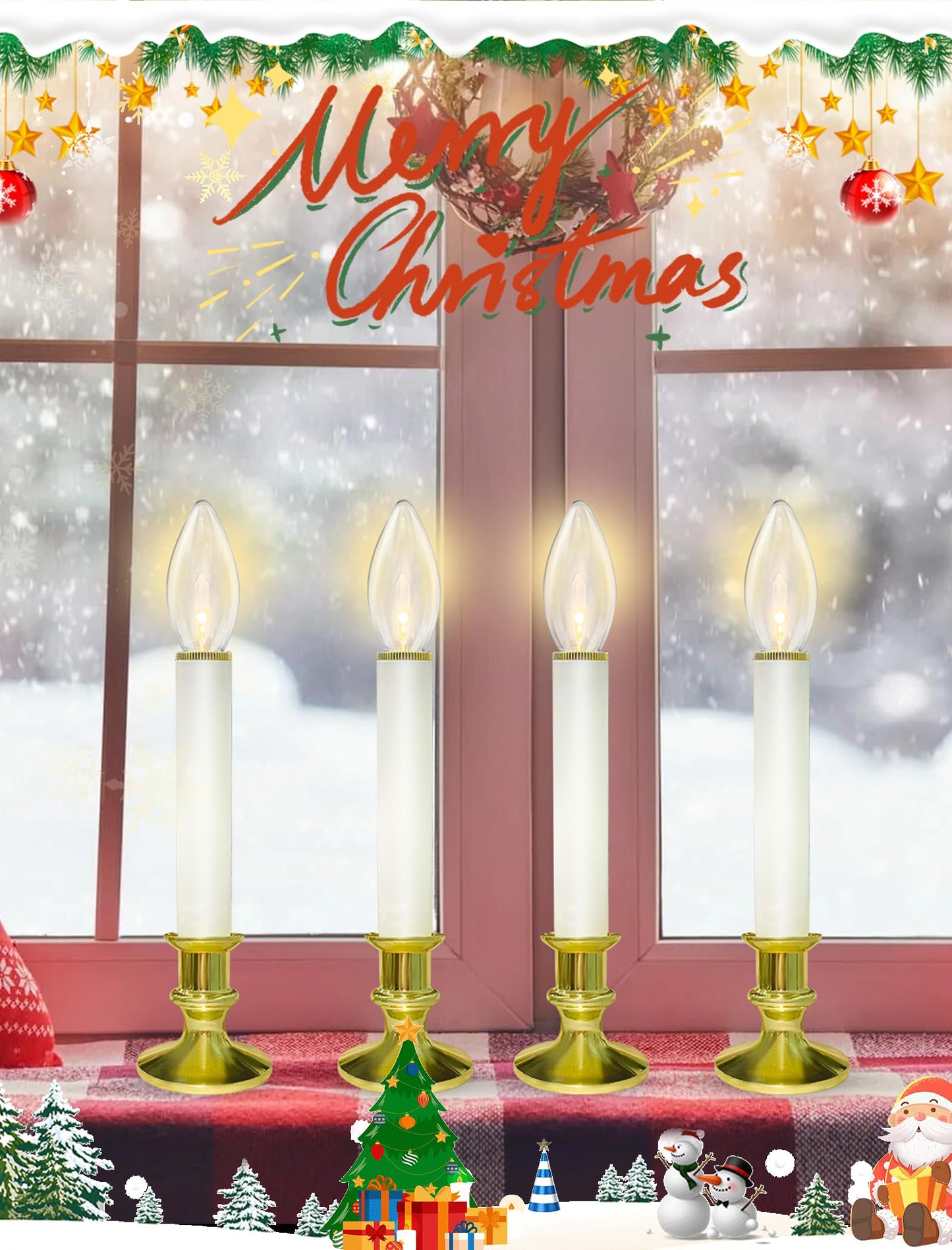 10 Pack Christmas Window Candles with 3V Ultra-Bright LED Warm White Bulbs, LED Battery Operated Window Candles, Gold Base, Flameless Candlestick for Indoor Christmas Window Table Mantel, Steady On