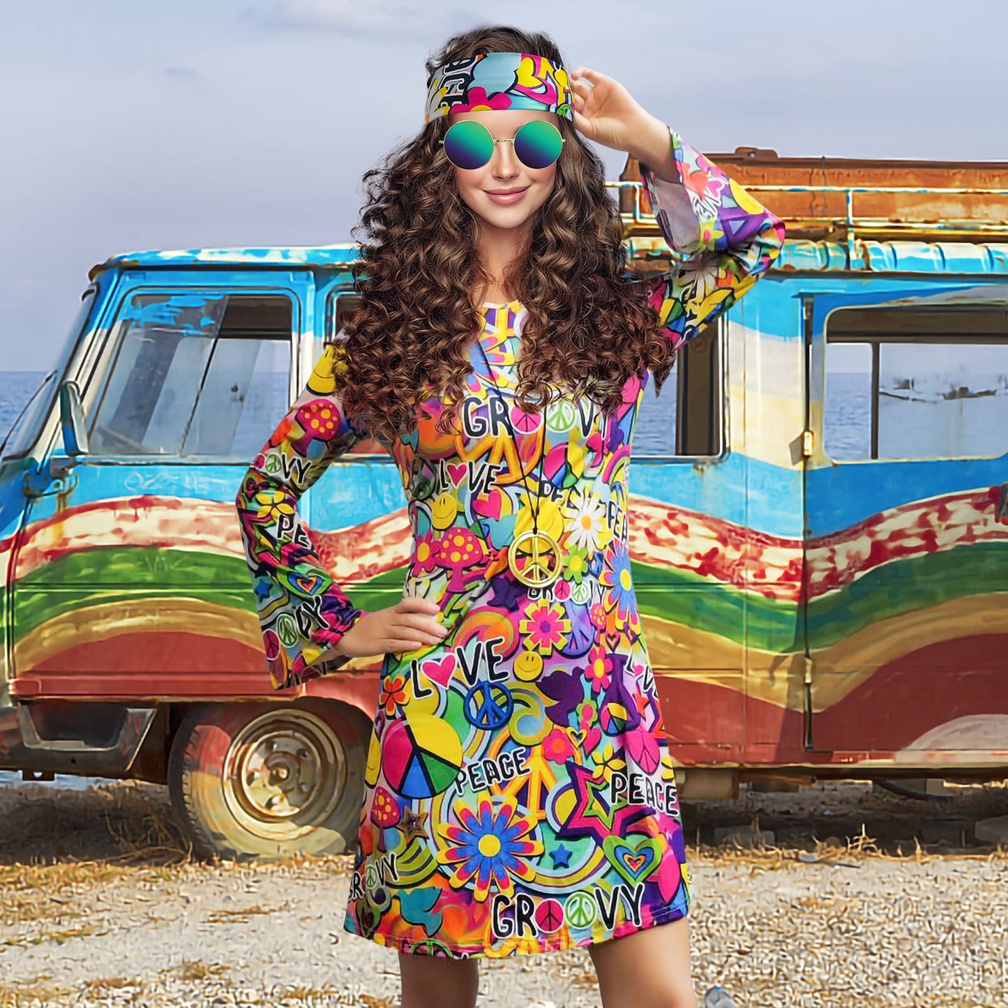 MRYUWB 70s Hippie Dress Costumes Necklace Earrings Sunglass Women Disco Outfit, 60s Party Costume, Halloween Retro Dresses (Love and Peace, L)