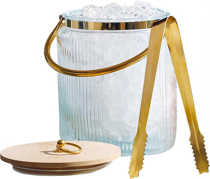 Le'raze Glass Ice Bucket with Airtight Lid, Tong Scooper and Handle - 3L Ribbed Beverage Tub Cocktail Home Bar Accessorie...