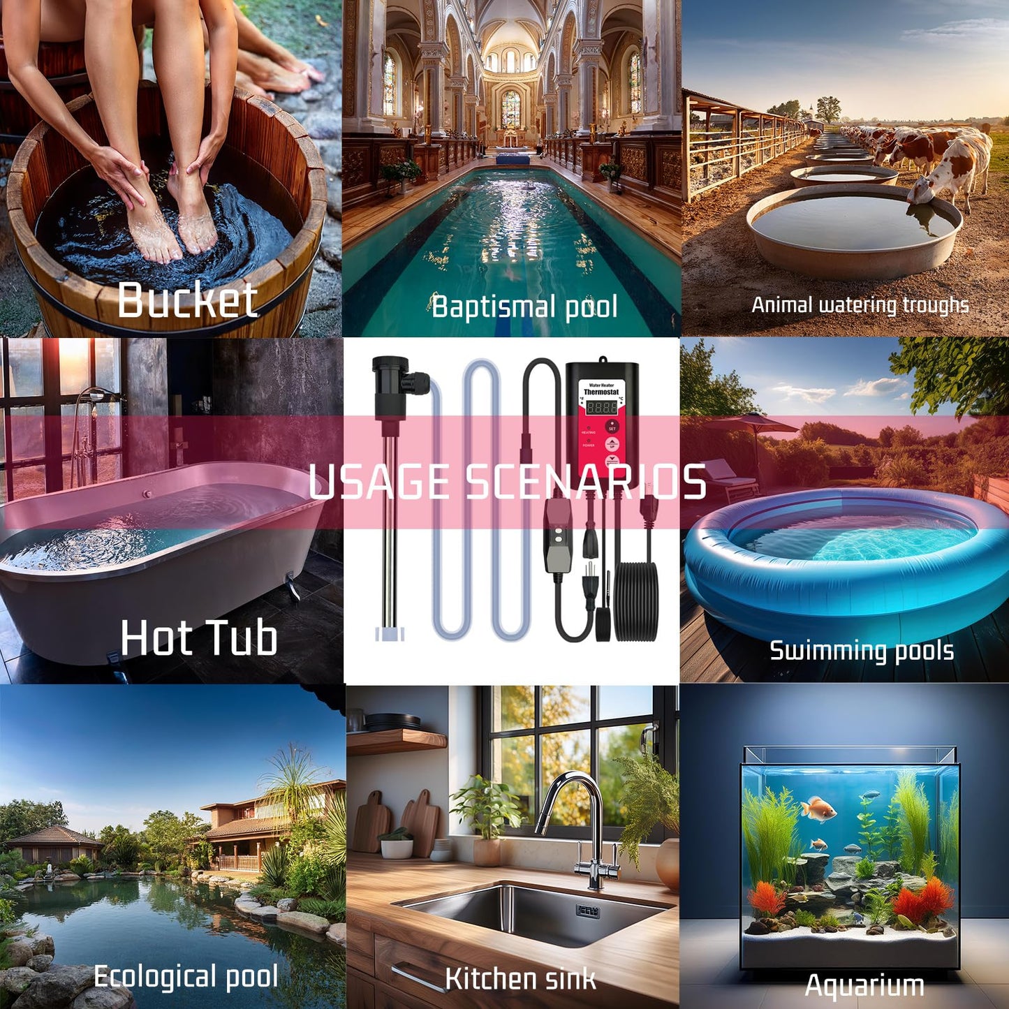 YLboyLIAN 1800W Titanium Immersion Bathtub & Pool Water Heater Portable Electric Submersible Heater with Temp Control & GFCI – for Hot Tubs, Above-Ground Pool, baptism, Baptistry, pond & inground pool