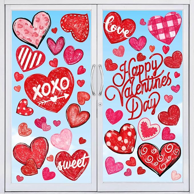 DIYDEC 6 Sheets Valentines Window Cling Double-Sided Pink Red Love Heart Window Stickers Happy Valentines Window Decals fo...