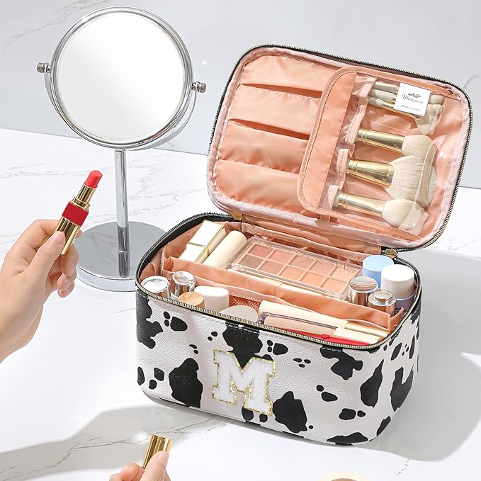Meiyuuo Makeup Bag Large Cosmetic Bags for Women Girls Cute Travel Zipper Pouch Toiletry Organizer for Beauty Essentials Waterproof (Cow Print Initial Letter M)