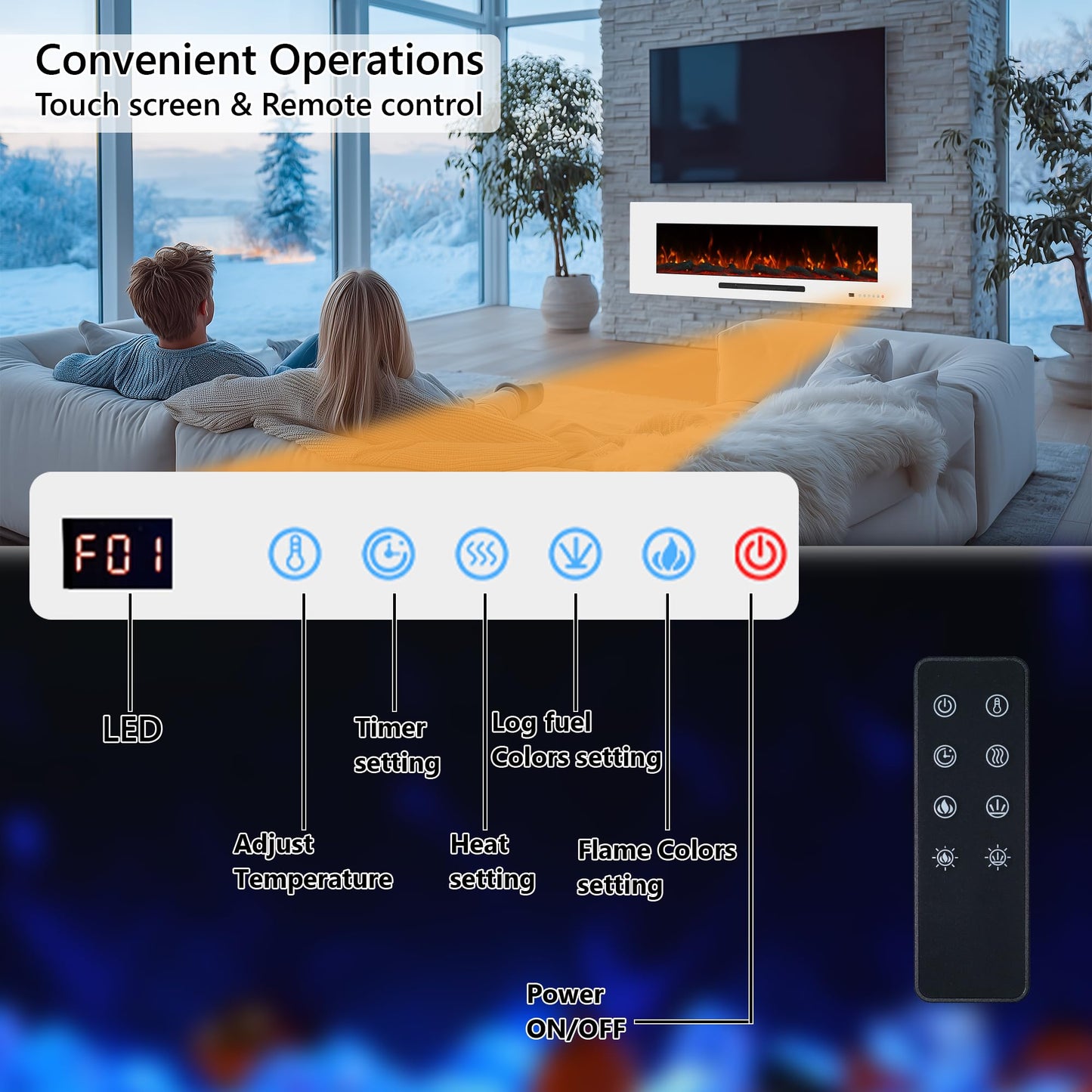Dreamflame 50" Electric Fireplace, Recessed & Wall Mounted Fireplace Heater 13 * 13 Colors Flame &Fuel Bed w/5 Dimmer, Touchscreen &Remote Control Temp, Overheating Protect, Hardwired, 1500W, White