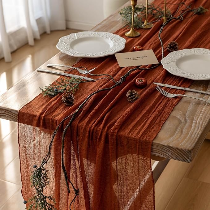 Keketoarrange Fall Thanksgiving Table Runner Terracotta Decorations 120 Inch 10 FT Rustic Burnt Orange Sheer Cheese Cloth ...