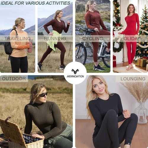 MERINNOVATION Merino Wool Base Layer Set for Women 100% Merino Wool Thermal Underwear Set Base Layer Top and Bottom Leek Green 250 L
