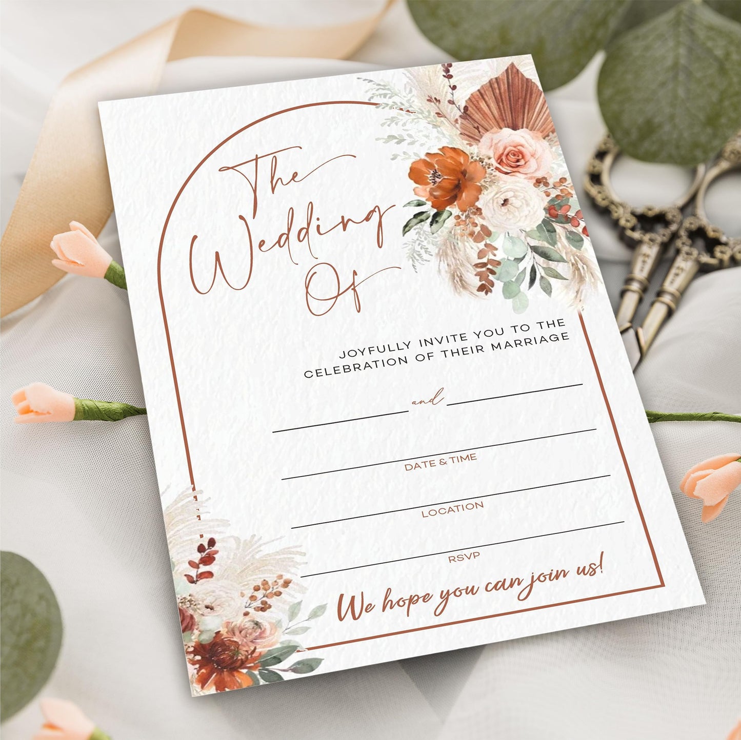TPYEN Watercolor Wedding Invitations - Floral Arch - 25 Wedding Invites With Envelopes, Double-Sided Fill In Style Invites For Mr & Mrs Celebration, Party Favor And Supplies - A08