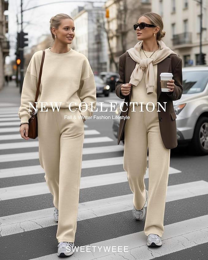 Sweetyweee Women's 2 Piece Outfits Set Fleece Lined Lounge Sweatsuit Crewneck Pullover Top Wide Leg Pants Casual Tracksuit