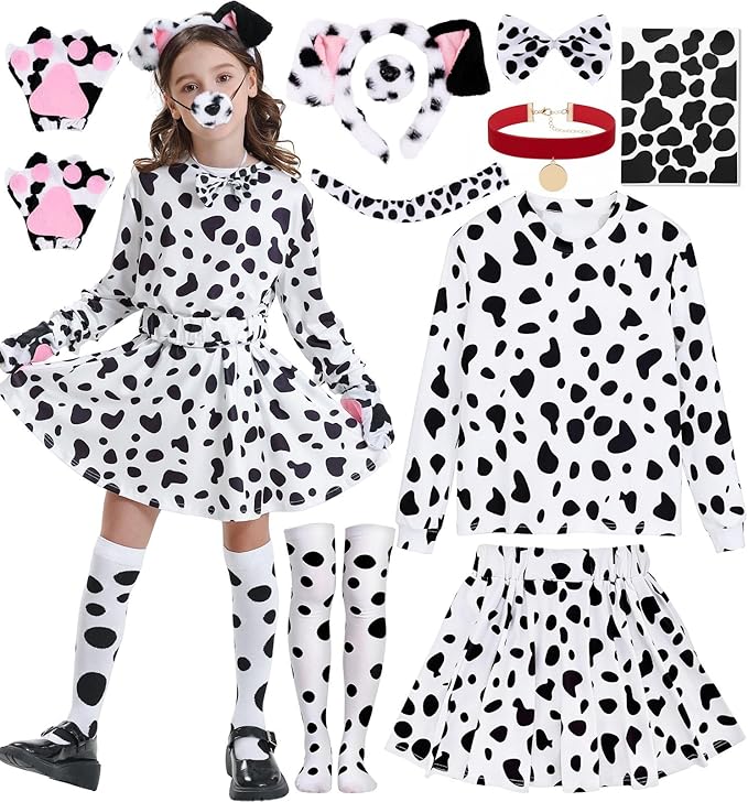 WILDPARTY 101 Days of School Costume for Girls, Dalmatian Outfit with 10PCS Accessories Spotted Top Skirt Set Halloween