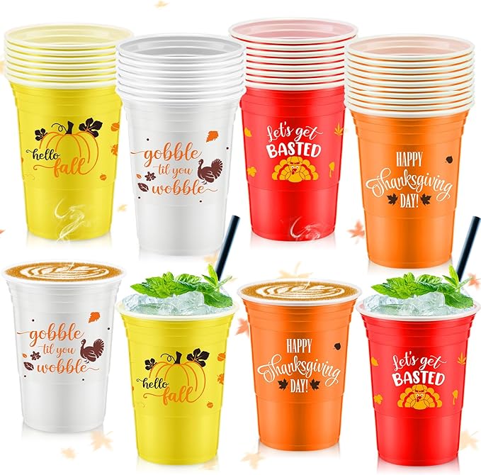 Uiifan 60 Pcs Thanksgiving Plastic Cups 16 oz Disposable Fall Party Cup Friendsgiving Plastic Stadium Cups Turkey Pumpkin ...