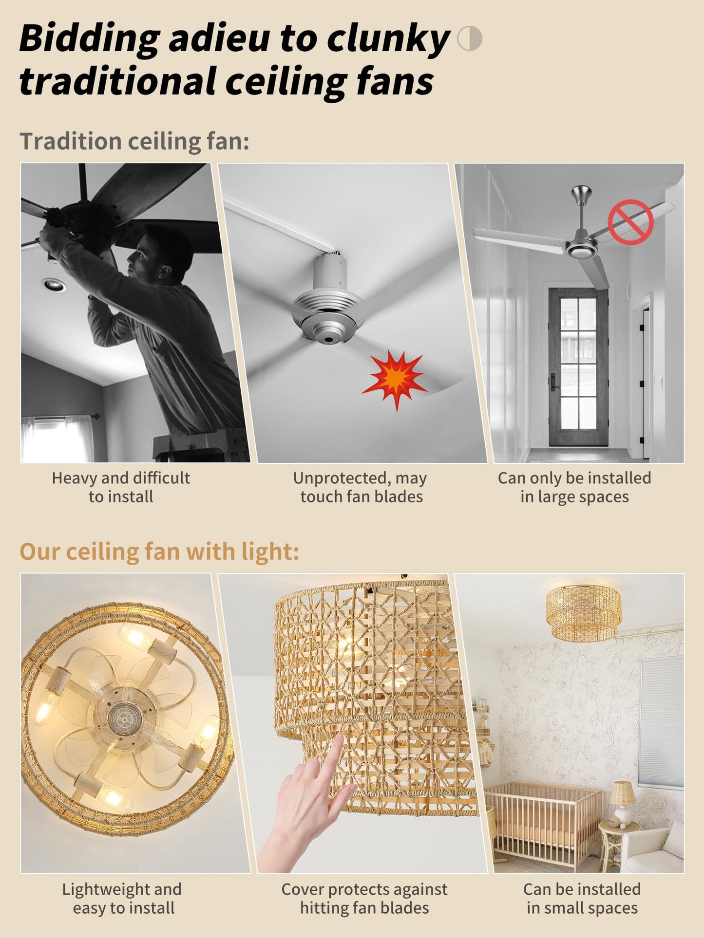 Flush Mount Ceiling Fan With Lights Low Profile, 20 Rattan Boho Ceiling Fan With Light Remote Control, Bladeless Caged With 6 Sp