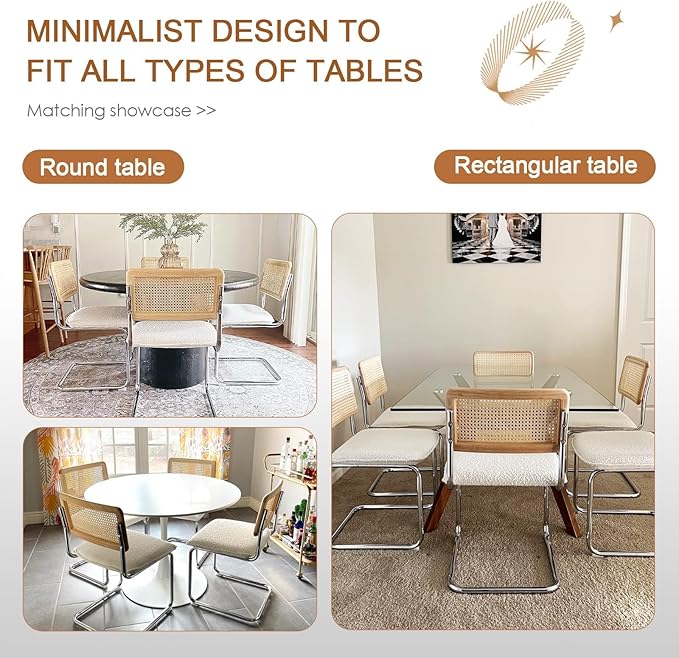 Zesthouse Dining Chairs Set of 4, Natural Rattan Accent Chairs with Solid Wood Back & Stainless Chrome Base, Mid Century Modern Breuer Design Inspired, Upholstered Boucle Kitchen Chairs, White