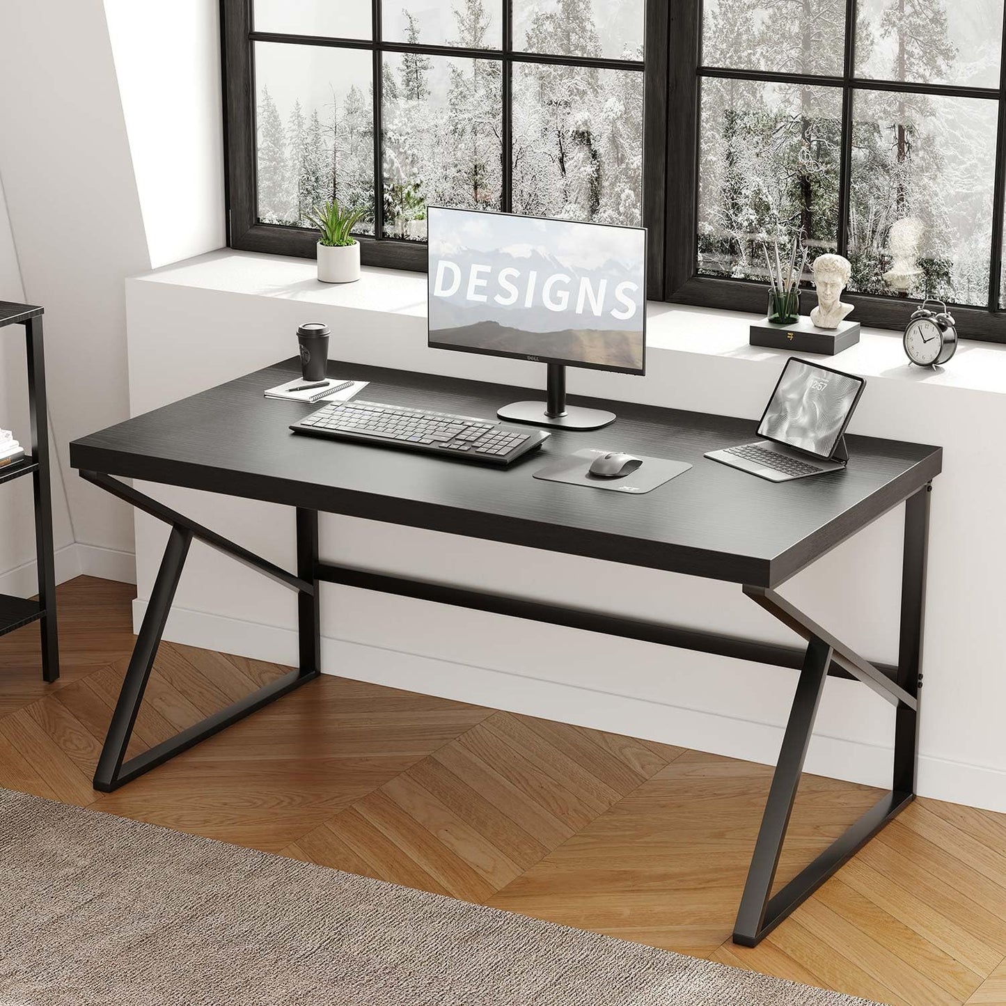 HSH Black Desk, Modern Industrial Home Office Computer Desk, Laptop PC Desk for Student Work Writing Study Gaming, Simple Metal and Wooden Computer Table in Bedroom Living Room Workstation, 55 Inch