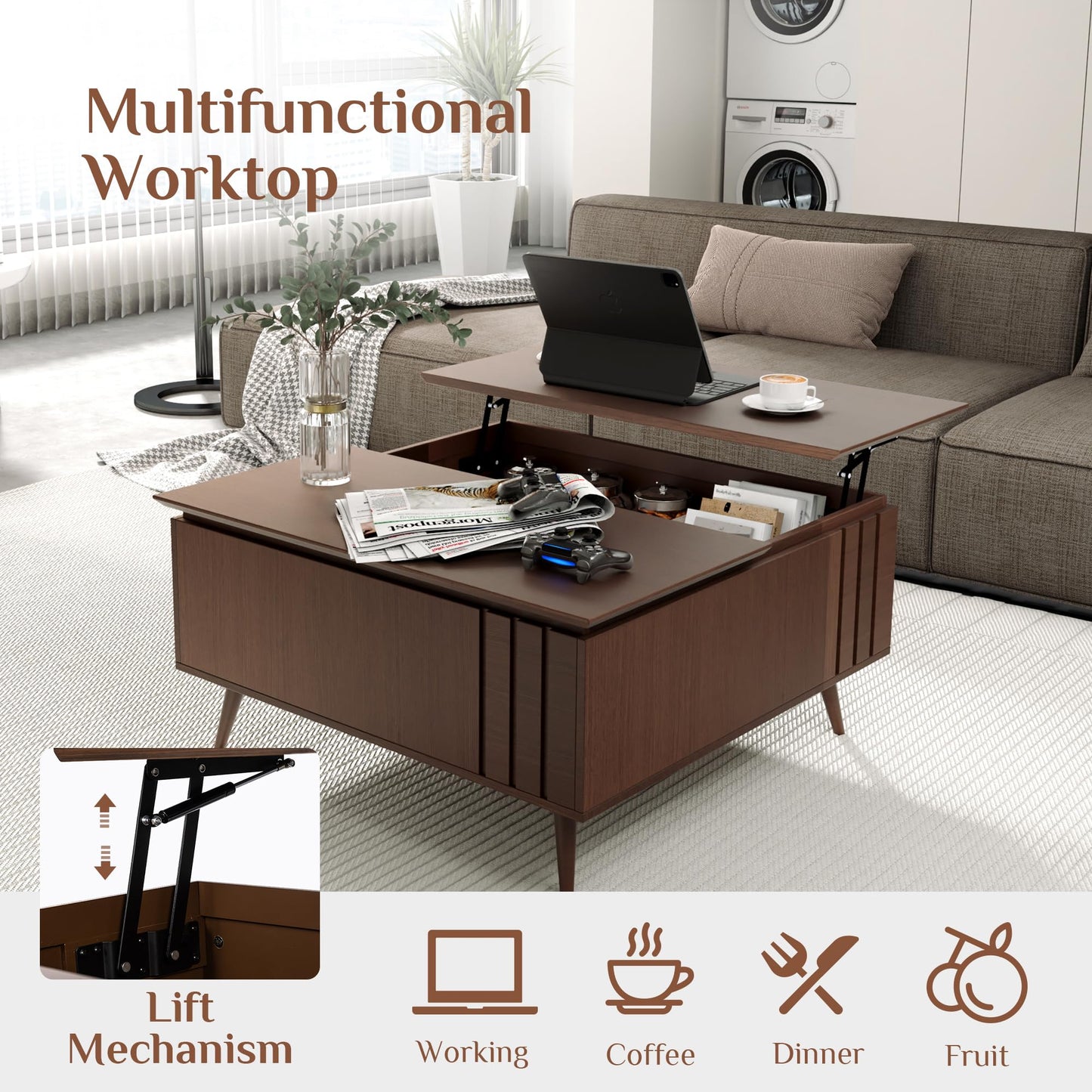 JOINICE 36.2" Lift Top Coffee Table with Storage, Large Square Coffee Tables with Hidden Compartment, Mid Century Modern Center Table for Home Office,Living Room,Dark Walnut