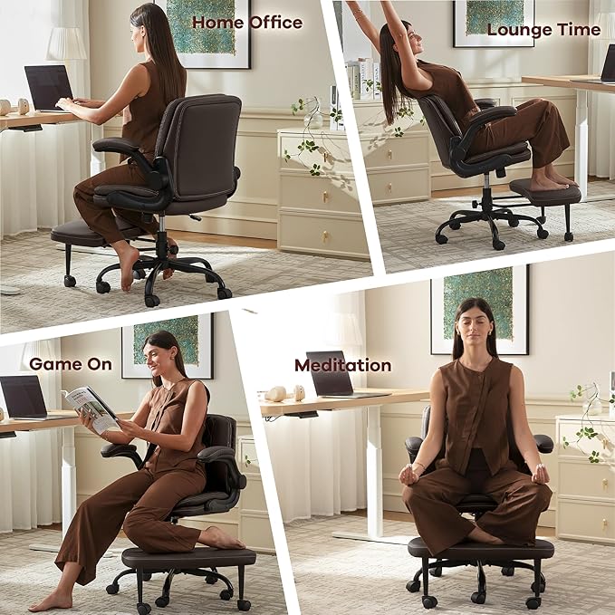 AreShark Cross Legged Office Chair: ADHD Criss Cross Desk Chair with Wheels & Stretchable Rotating Footrest - Height Adjustable Wide Yoga Kneeling Meditation Chair with Flip-up Armrests Back Support