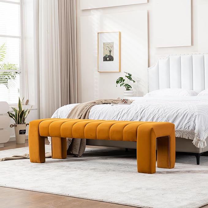 AIITTCC Velvet End of Bed Bench Upholstered Modern 59" Bedroom Bench for King Bed Bench Tufted Window Bench Comfy Long Ottoman for Living Room/Entry/Indoor (Brown, 59" Wide)