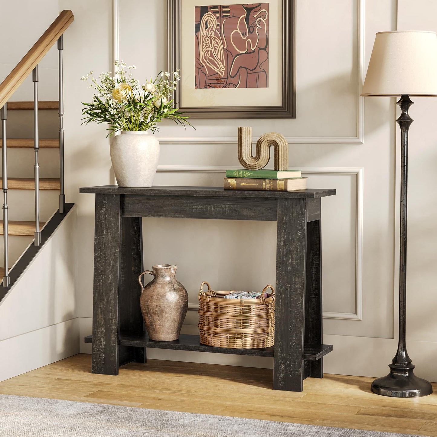 LITTLE TREE 41.3-Inch Console Table, 2-Tier Shelf, Small Sofa Table Behind The Couch, Accent Entryway Table for Living Room, Hallway, Entrance, Black