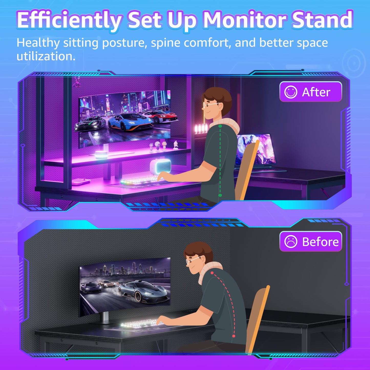 MEUIS L Shaped Gaming Desk with Shelves - 48 inch Corner Computer Desks with Storage Hutch Shelf Reversible Pegboard Led Lights Power Outlets PC Monitor Stand for Bedroom, Black