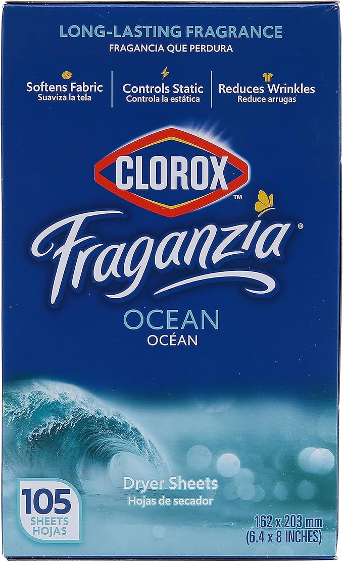 Clorox Fraganzia Fabric Softener Dryer Sheets, Ocean Scent - Wrinkle Reducing Scented Softening Laundry Dryer Sheets for Great Smelling Clothes, 105 Count