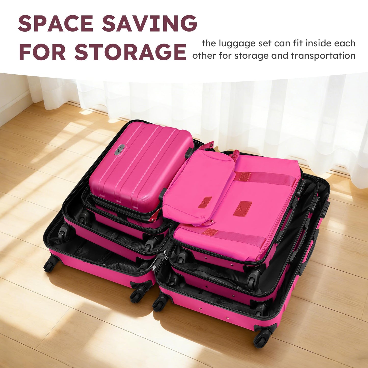 Suitour Luggage Sets 6 Piece, 20-inch Carry-on and 24 inch 28 inch Checked Suitcase Set with Cosmetic Case and Expandable Travel Duffle Bags Set(Rose Red)