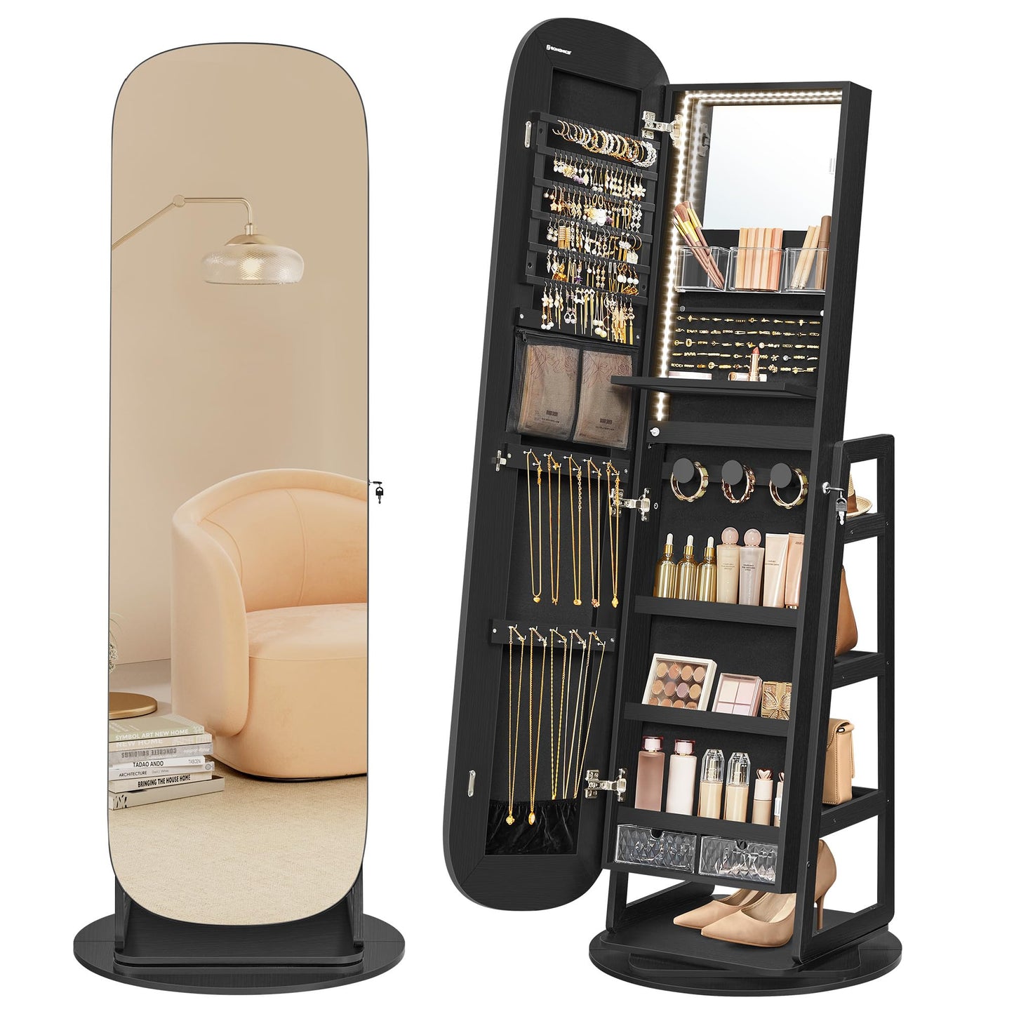 SONGMICS LED Jewelry Cabinet, 360° Swivel Jewelry Organizer, Lockable Mirror Jewelry Cabinet Standing, Rounded Wide Full-Length Mirror with Storage Shelves, Interior Mirror, Ebony Black UJJC036B01