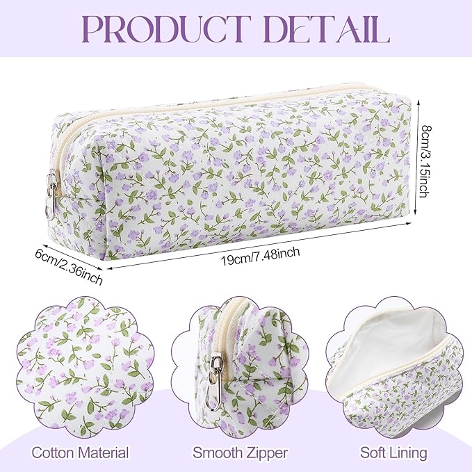 Paterr Aesthetic Floral Makeup Bag Travel Cosmetic Bag for Women Gift Christmas Portable Quilted Makeup Pouch Cotton Pencil Case Kawaii Cute Toiletry Organizer Case for Women Girls(Purple Floral)