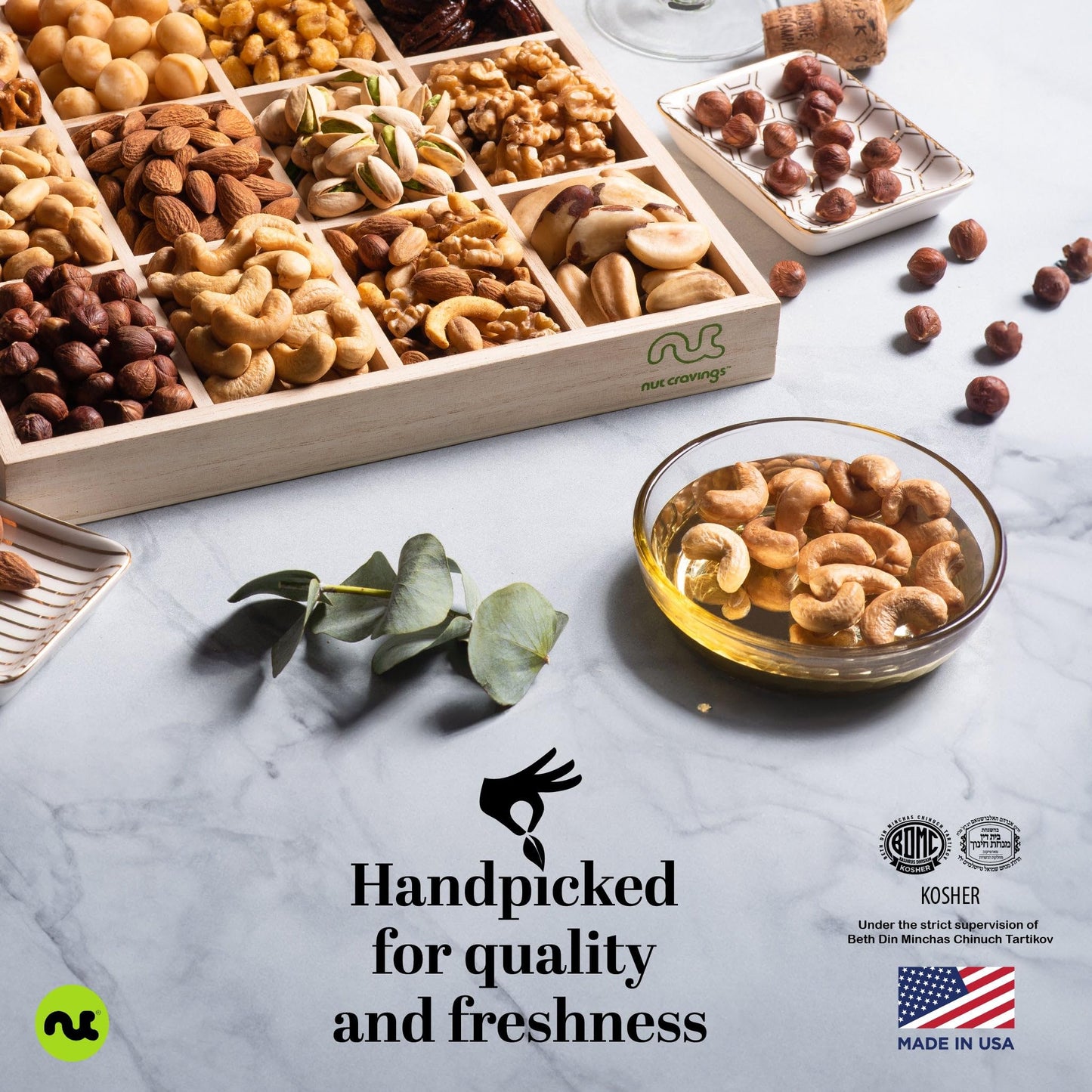 NUT CRAVINGS Gourmet Collection - Happy Birthday Treats, Nuts Gift Basket with Bday Ribbon in Reusable Wooden Tray (12 Assortments) Food Arrangement, Healthy Snack Care Package, Food Assortments