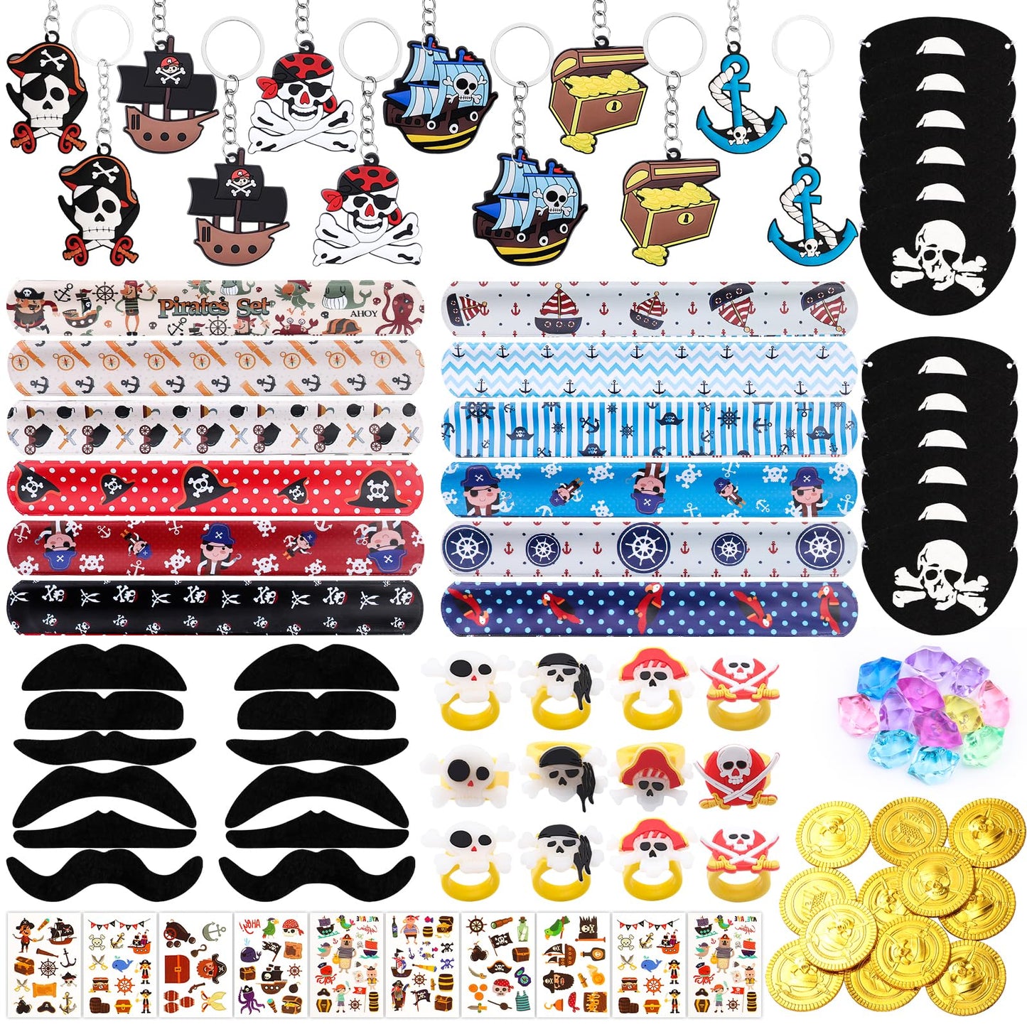 CHRIMISS Pirate Party Favors - 96PCS Supplies with Gold Coins, Gems, Keychains, Bracelets, Eye Patches & Mustache Tattoos for Birthday Party Goodie Bags