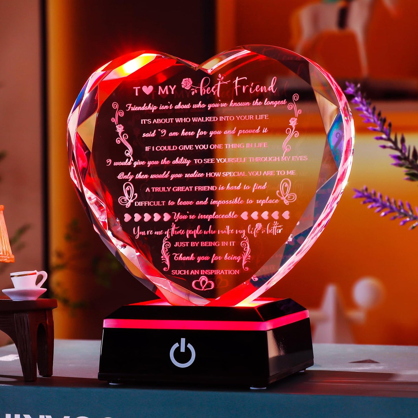 YWHL Birthday Gifts for Best Friend with Colorful LED Base Heart Crystal Friendship Gifts for Women Meaningful Bestie Gifts Mothers Day BFF Gift Idea for Her Female Friend