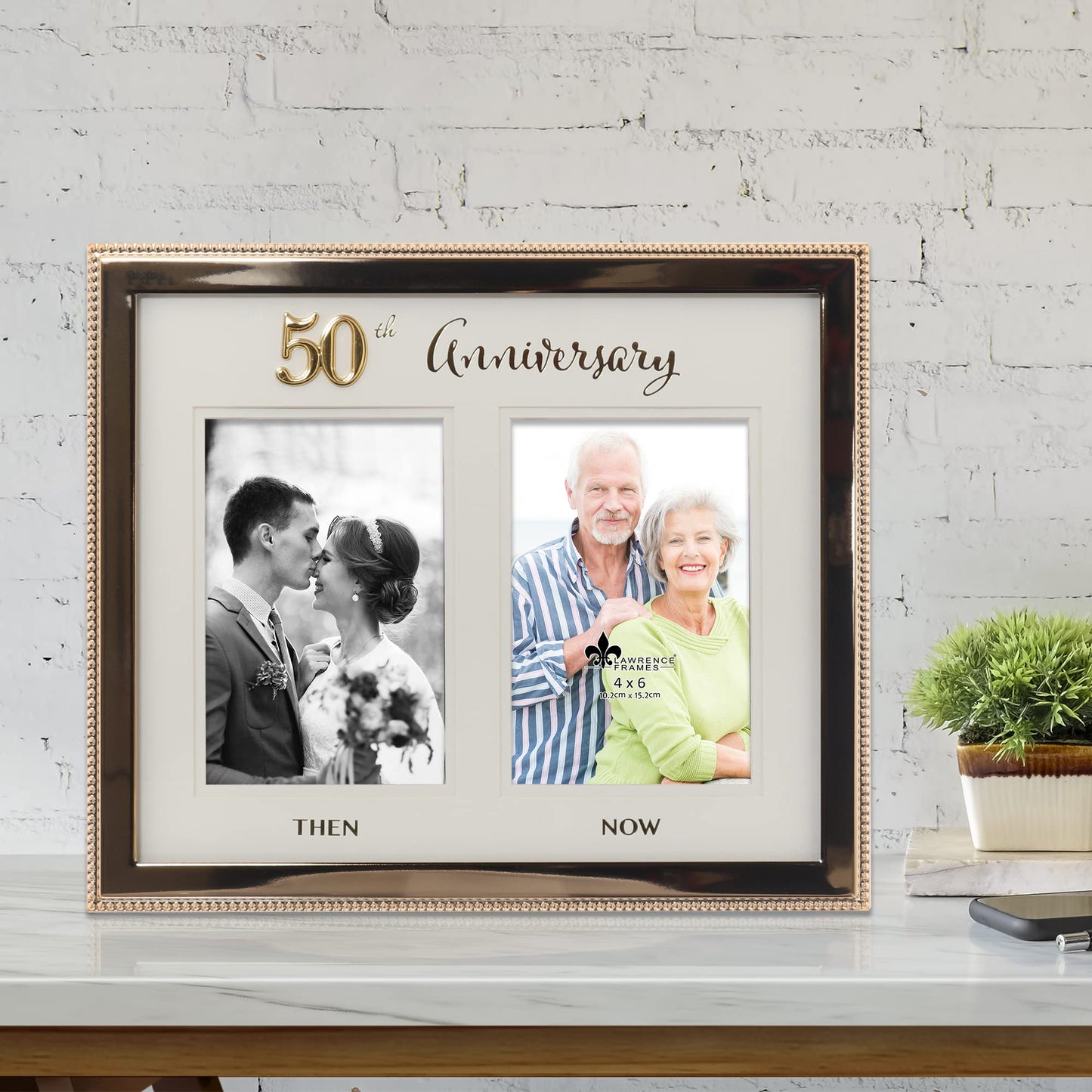 Lawrence Frames 4x6 Double Gold Beaded Metal 50th Anniversary Picture Frame, Then and Now