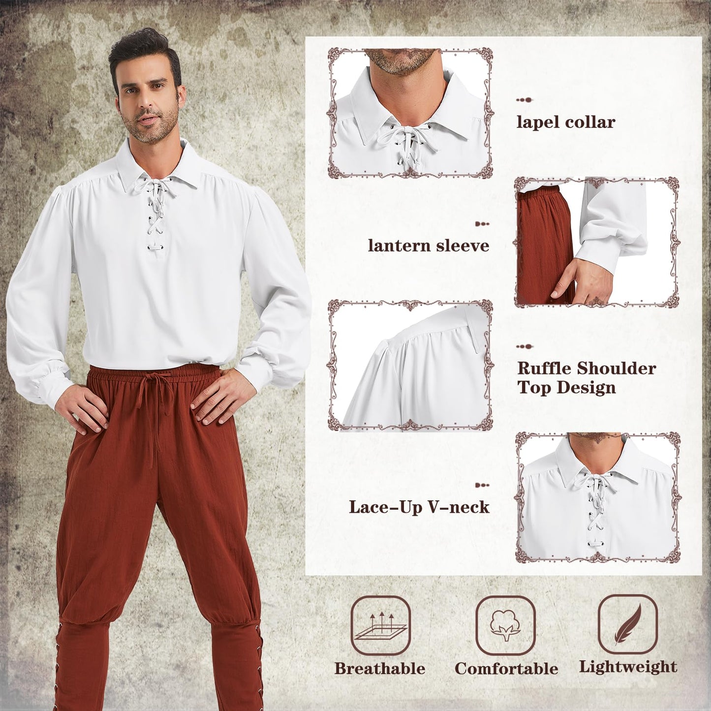 Pirate Shirt Men Renaissance Faire Costume Medieval Victorian Shirt Vampire Gothic Steampunk Costume Halloween Cosplay Tops White S